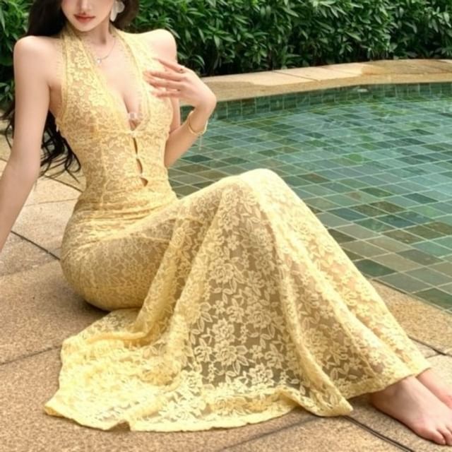 Lace Gown Evening Mermaid V-Neck Halter