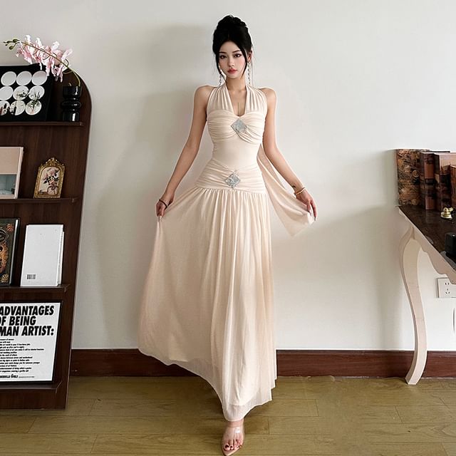 Rhinestone Halter Sheath Maxi Dress