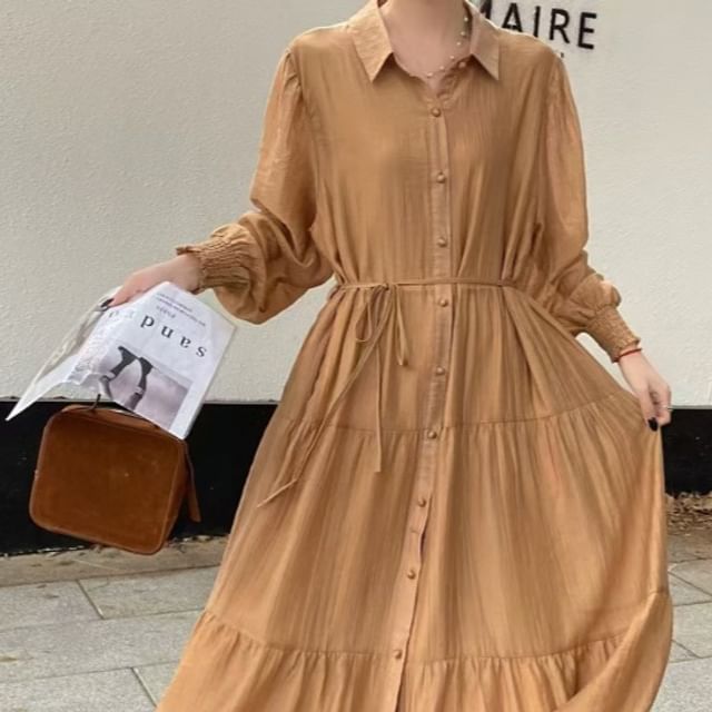 Collared Button-Up Long Sleeve Tunic Maxi Dress