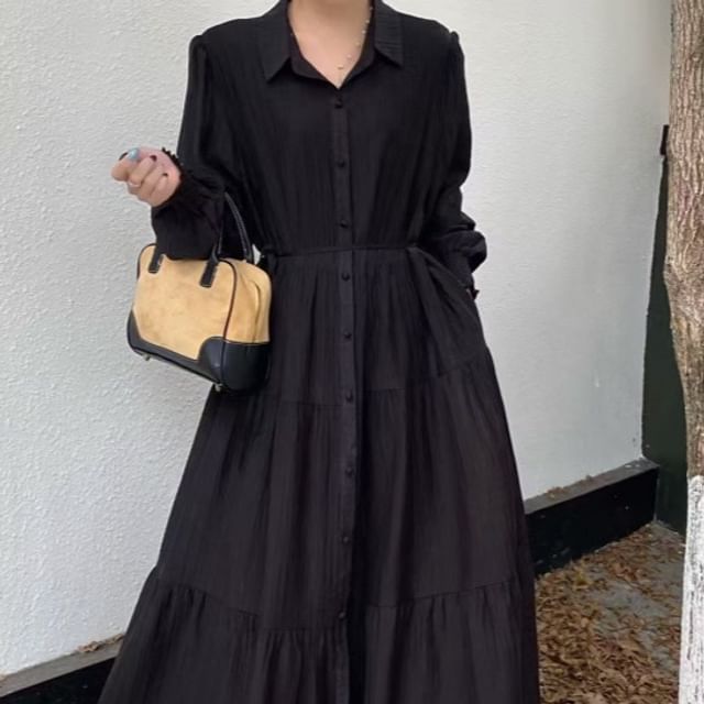 Collared Button-Up Long Sleeve Tunic Maxi Dress