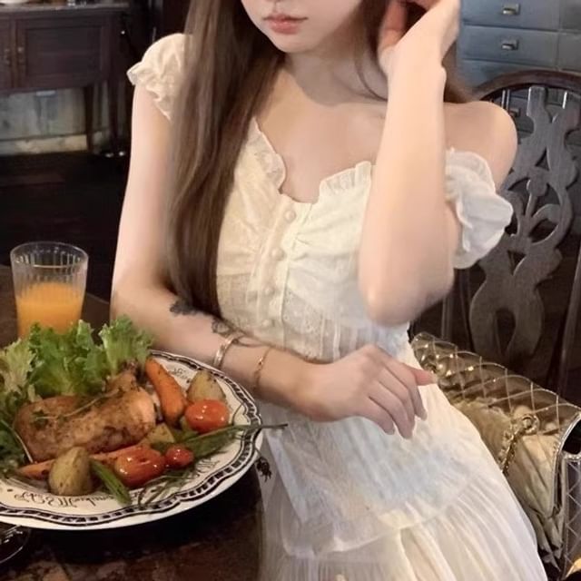 / Mini A-Line Panel Skirt Fit High Short-Sleeve Waist Blouse Lace Slim