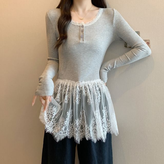 Long-Sleeve Fit Henley Peplum Panel Lace Slim T-Shirt