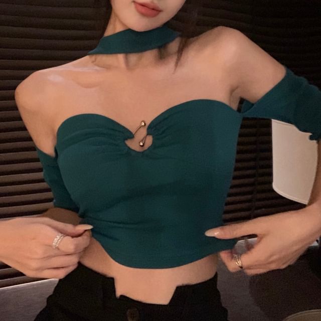 Shoulder Plain Fit Short-Sleeve Slim Crop Halter Top Neck Off