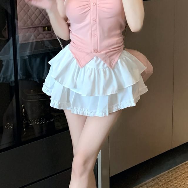 Skirt High Mini / Waist Layered A-Line V-Neck Frill Tee Plain Ruched Trim Slit Short-Sleeve Crop