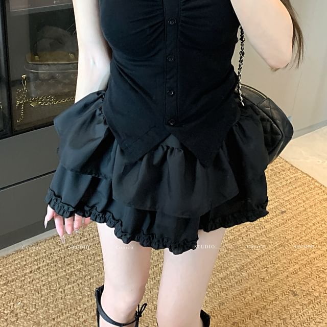 Skirt High Mini / Waist Layered A-Line V-Neck Frill Tee Plain Ruched Trim Slit Short-Sleeve Crop