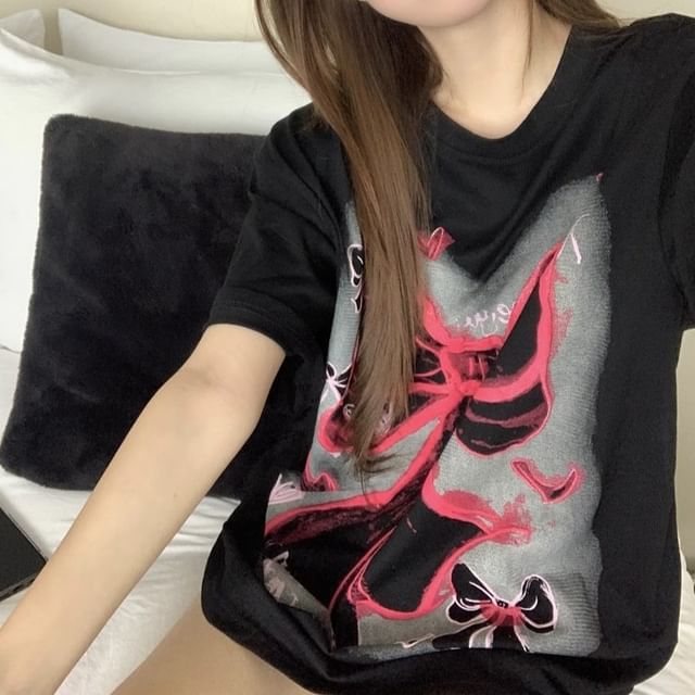 Bow Round Elbow-Sleeve Neck Oversized T-Shirt Print