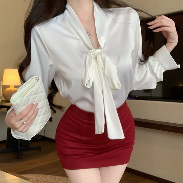 Plain Sleeve Rise Long Blouse High Neck Mini Tie Pencil Skirt / Satin