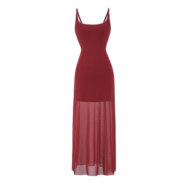 Mesh Spaghetti Strap A-Line Maxi Dress