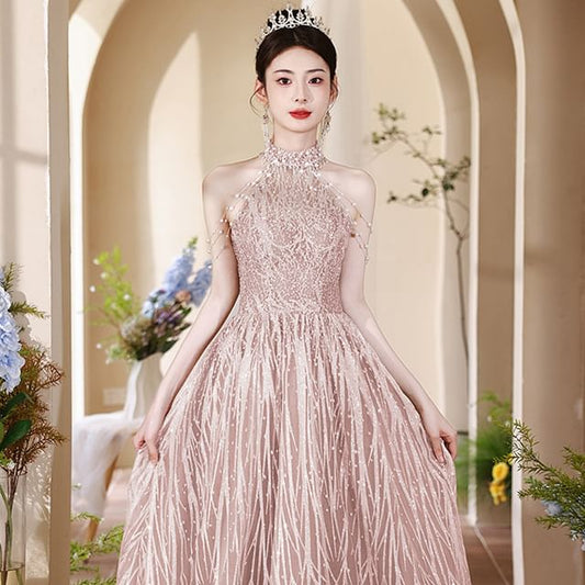 Halter Back Fringed Mock Gown Cutout Faux Neck Evening A-Line Pearl