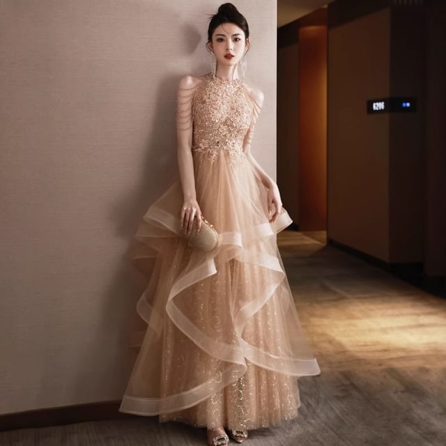 Halter A-Line Neck Layered Evening Floral Gown Fringed Sequin