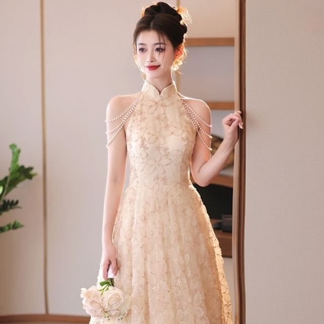 Floral Collar Evening Jacquard Halter Neck Dress Faux A-Line Stand Fringed Pearl