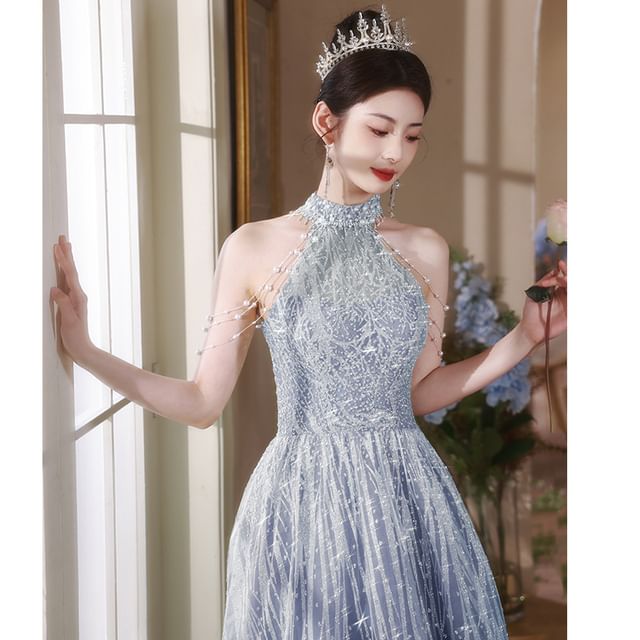 Halter Back Fringed Mock Gown Cutout Faux Neck Evening A-Line Pearl