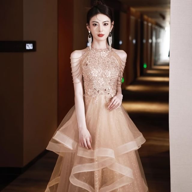 Halter A-Line Neck Layered Evening Floral Gown Fringed Sequin