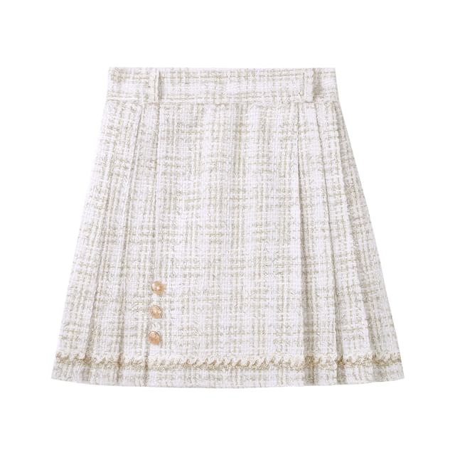 Long-Sleeve Stand Collar Jacquard Fluffy Trim Blouse / 3/4-Sleeve Rabbit Applique Open Front Jacket / High Waist Pleated Tweed Mini A-Line Skirt / Belt / Set