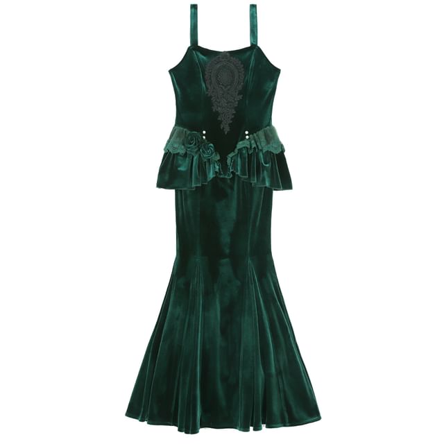 Mesh Panel Velvet Shrug with Lace Mermaid Dress Set