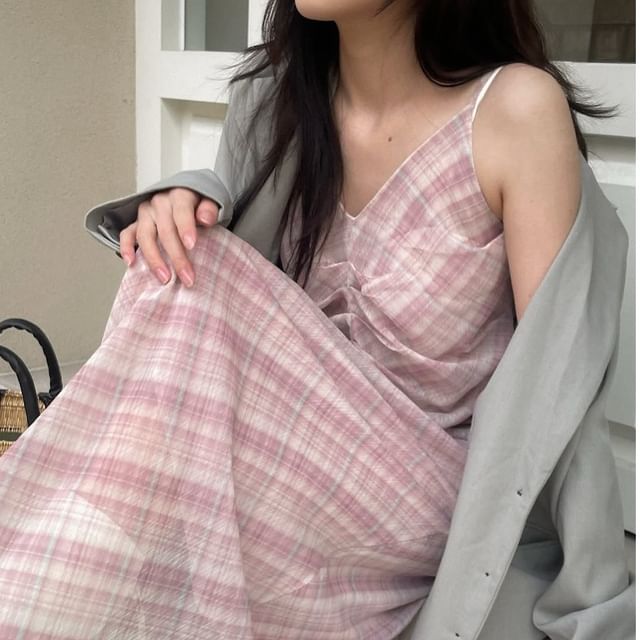 Plaid Spaghetti Strap V-Neck Maxi Dress