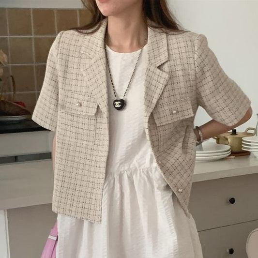 Short Sleeve Notch Lapel Tweed Faux Pearl Button Jacket