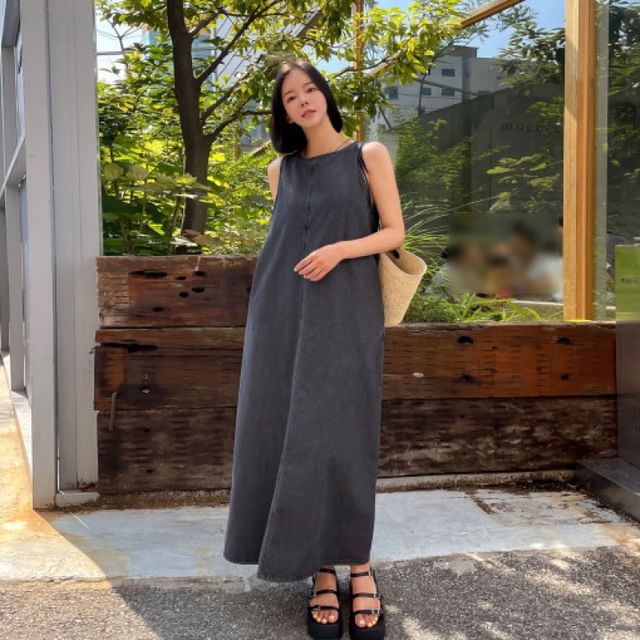 Washed Round Neck Sleeveless Denim A-Line Maxi