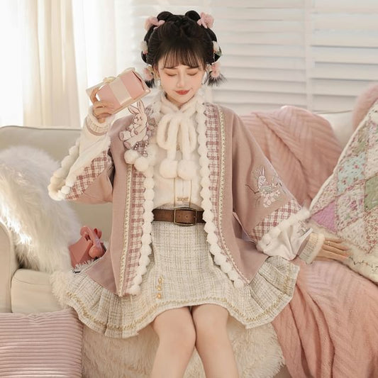 Long-Sleeve Stand Collar Jacquard Fluffy Trim Blouse / 3/4-Sleeve Rabbit Applique Open Front Jacket / High Waist Pleated Tweed Mini A-Line Skirt / Belt / Set