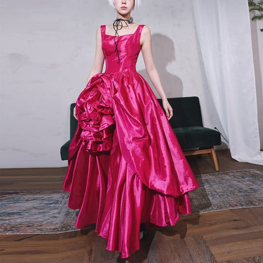 Sleeveless Square Neck Ruched Satin A-Line Evening Gown