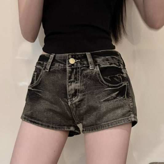 Low Rise Washed Hot Pants Denim