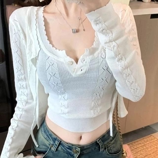 Sleeveless Plain Crop Cable + Neck Cardigan Scoop Top Knit Set:
