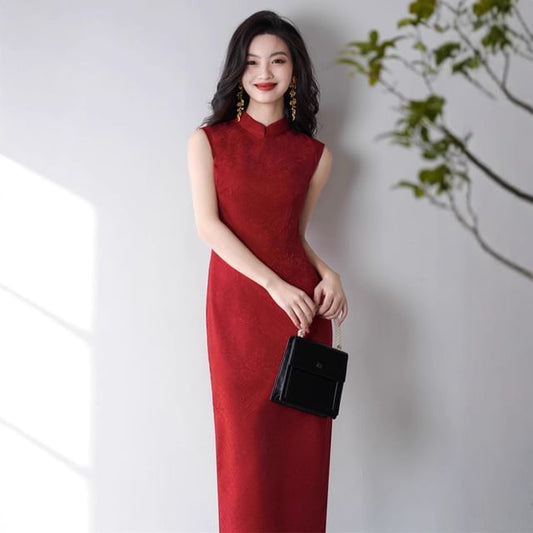 Sleeveless Stand Collar Plain Maxi Sheath Dress