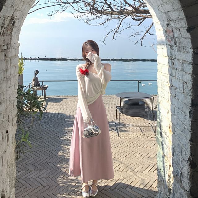 Plain Maxi A-Line Dress with Spaghetti Straps and Cardigan