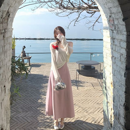 Plain Maxi A-Line Dress with Spaghetti Straps and Cardigan