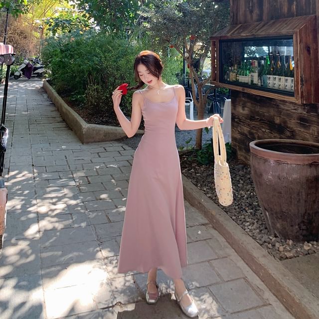 Plain Maxi A-Line Dress with Spaghetti Straps and Cardigan