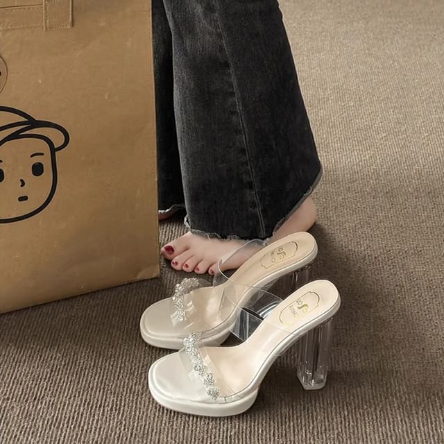 Rhinestone Transparent High Heel Slide Sandals