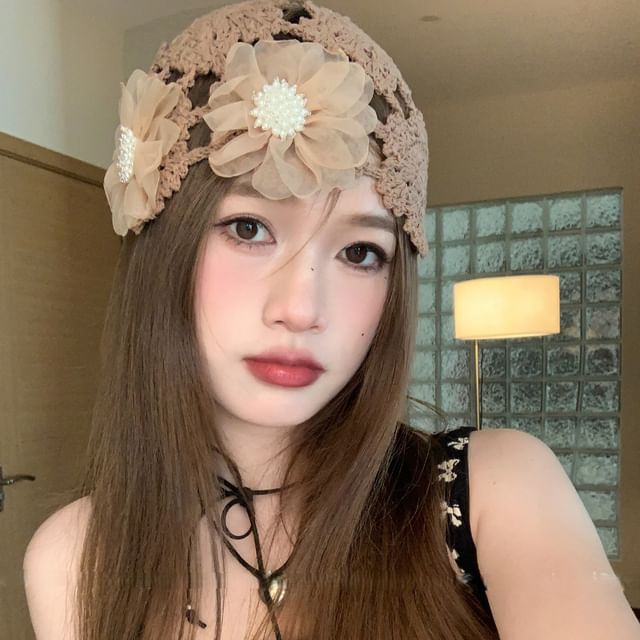 Knit Floral Bonnet Hat