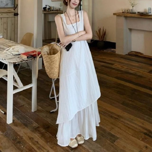 Sleeveless Square Neck Asymmetrical Plain Maxi A-Line Dress