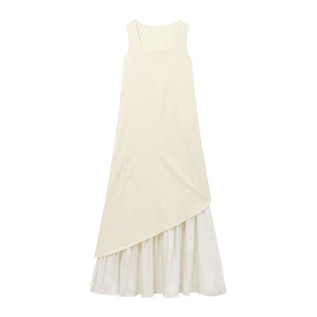 Sleeveless Square Neck Asymmetrical Plain Maxi A-Line Dress