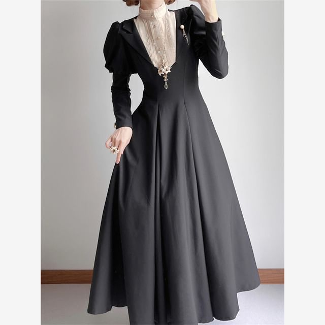 Long Sleeve Band Collar Two Tone Midi A-Line Dress Set