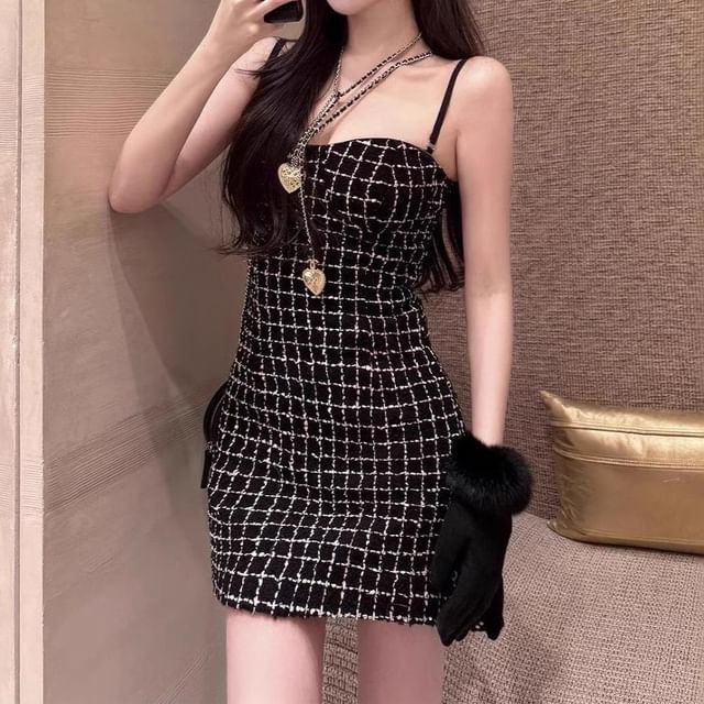 Tweed Plaid Sweetheart Neck Mini A-Line Dress with Spaghetti Straps