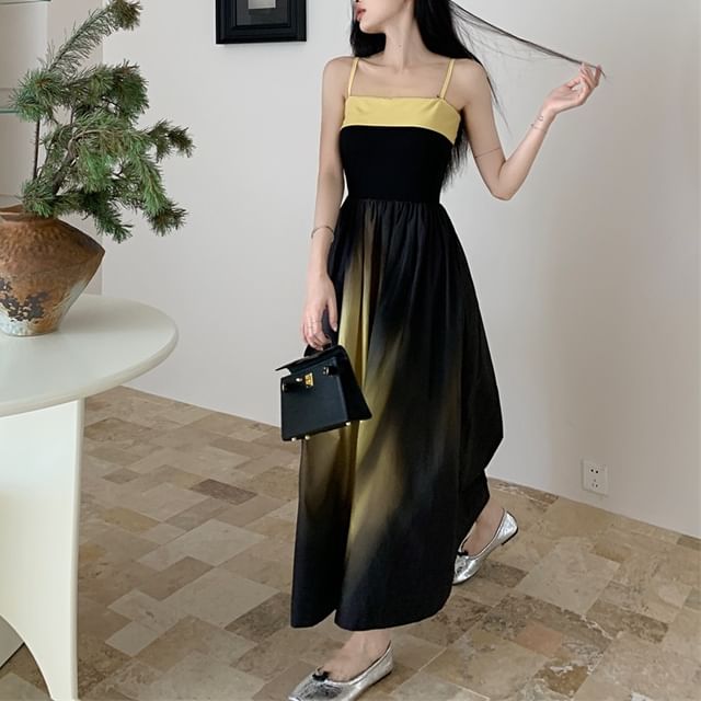 Gradient Midi A-Line Dress with Spaghetti Straps
