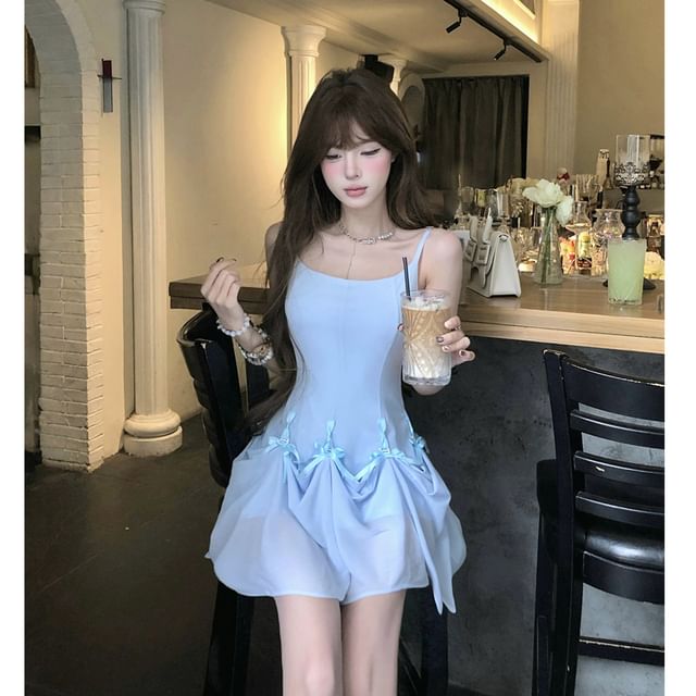 Ruffle Bowknot Mini A-Line Dress with Scoop Neck and Spaghetti Straps