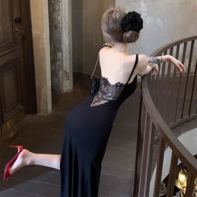 Backless Lace Panel Maxi Sheath Dress with Spaghetti Straps