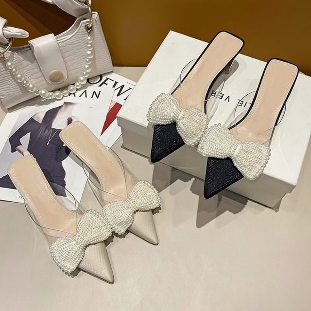 Beaded Spool Heel Mules Bow Strap Transparent