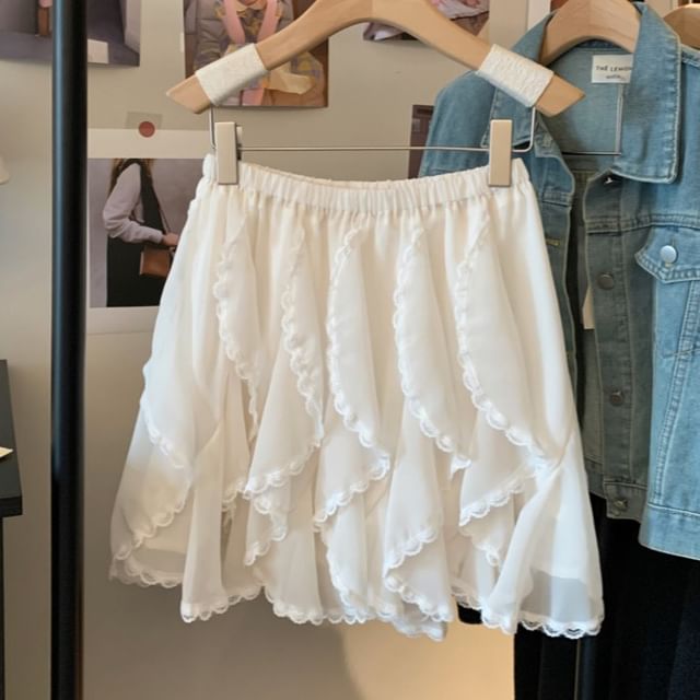 A-Line Lace Mini Waist Plain Ruffle Trim High Skirt