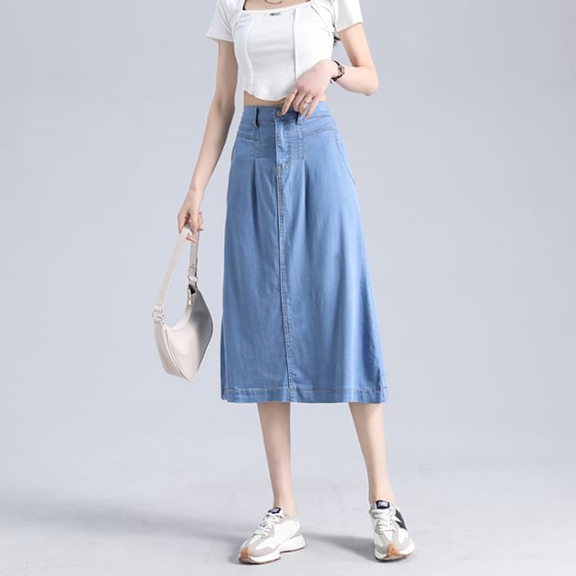 Denim Skirt High Waist Midi A-Line
