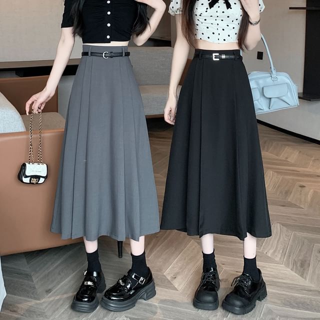High Rise A-Line Midi Plain Pleated Skirt