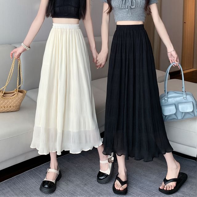Plain Skirt A-Line Midi Waist Crinkle High