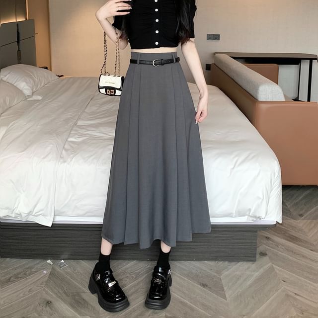 High Rise A-Line Midi Plain Pleated Skirt