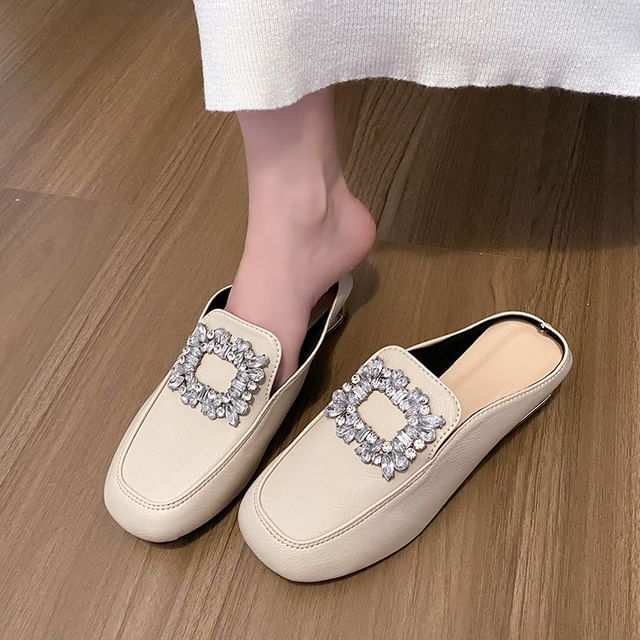 Faux Leather Rhinestone Accent Mules
