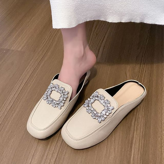 Faux Leather Rhinestone Accent Mules