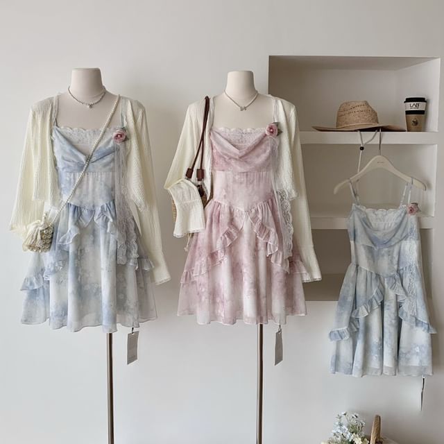 + A-Line Plain Floral Set: Mini Dress Strap Spaghetti Print Cardigan
