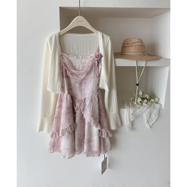 + A-Line Plain Floral Set: Mini Dress Strap Spaghetti Print Cardigan