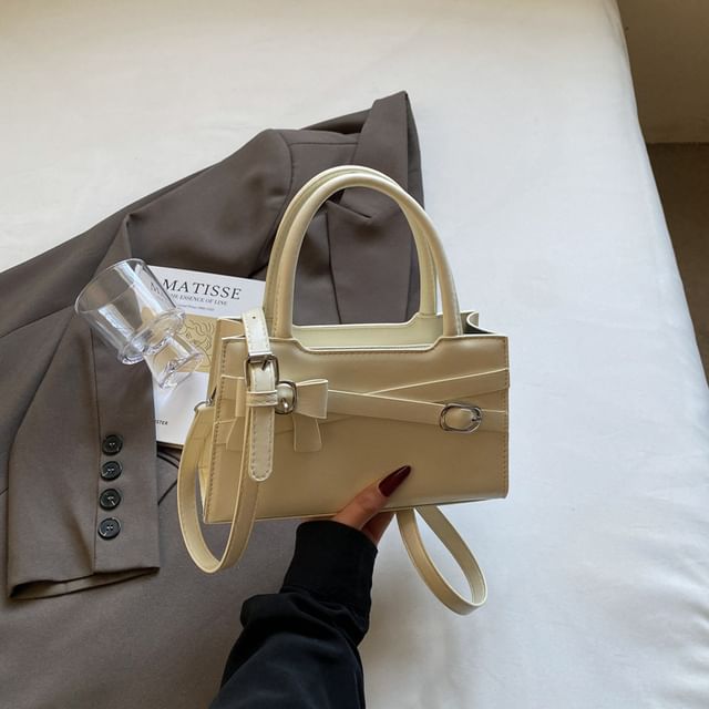 Handle Crossbody Faux Bag Leather Top Buckled Bow